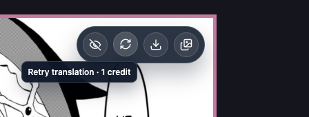Hover toolbar showing Retry translation button with tooltip indicating 1 credit cost