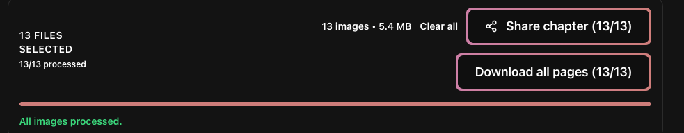 Completed Manga Translator bulk upload with the Share chapter button